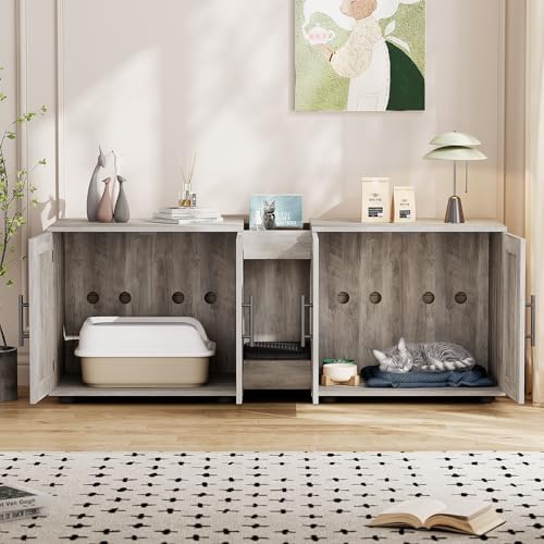 Garvee Cat Litter Box Enclosure for 2 Cats, 55" Hiddden Litter Box Enclosure Furniture 3-in-1 Wooden Litter Cabinet with Barn Door & Double Rooms for Bedroom Living Room, Gray