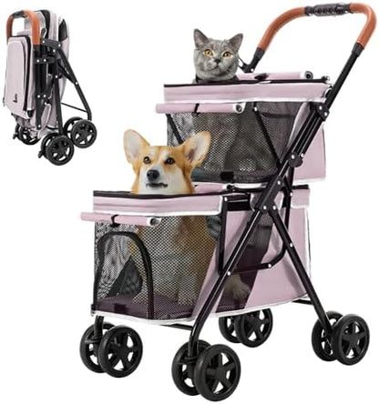 Double Pet Stroller for 2 Dogs & Cats, Double-Decker, Pink
