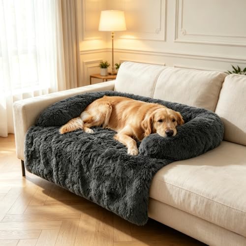 Calming Dog Bed for Couch, Thickened Plush Dog Mat with Raised Bolster