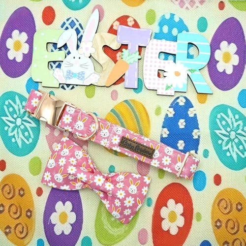 Easter Dog Collar-Pink Rabbit Adjustable Cute Pet Collar Soft Pink Flower Dog Collars with Bow Tie Holiday Cotton Metal Buckle Puppy Collar Gift for X-Large Dogs