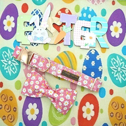 Easter Dog Collar-Pink Rabbit Adjustable Cute Pet Collar Soft Pink Flower Dog Collars with Bow Tie Holiday Cotton Metal Buckle Puppy Collar Gift for X-Large Dogs