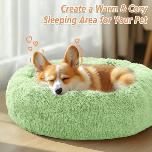 JOLLYVOGUE Calming Dog Beds Large Sized Dog, 36in Donut Washable Large Pet Bed, Anti-Slip & Anti-Anxiety Fluffy Faux Fur Round Dogs Bed, Fits up to 80 lbs Pets (Light Green)