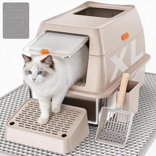 Stainless Steel Litter Box with Lid, Extra Large Enclosed Cat Litter Pan for Big Cats, High Sided Metal Litter Box with Enclosure, Front & Top Entry, Easy Clean, Anti-Leakage, Includes Scoop，Cream