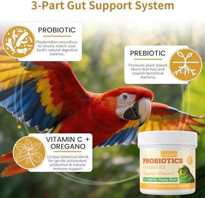 Bird Probiotic Powder for Gut Balance, Digestive & Immune Support – 10 Billion CFU Probiotic + Prebiotic with Vitamin C & Oregano – Molting & Stress Support for All Birds - Parakeet Parrot Cockatiel