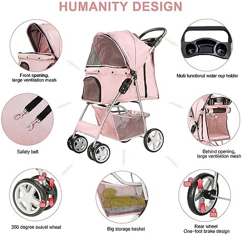 4-Wheel Pet Stroller for Small Dogs and Cats, Up to 33 lb, Pink
