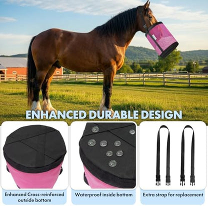 Horse Feed Bag Pack of 2 (Reinforced Bottom Edging), Feed Bags for Horses with Ventilation Mesh, Comfort Nose Pad Neck Pad, Adjustable Strap, Spill Proof Design for Feeding Grain, Supplements