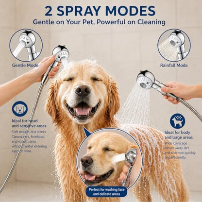 Quiet Dog Shower Attachment with One-Button Pause, 2-Mode Mini Pet Shower Head for Nervous Dog Bath& Dog Head, 98'' Long Hose, Palm-Size Design, Gentle Water Flow Perfect for Cat, Fits Shower Arm Only