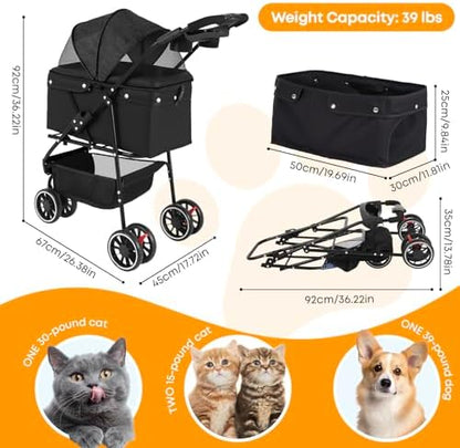 Pet Stroller,Dog Stroller for Small Medium Dogs Cats,3 Wheels,Black