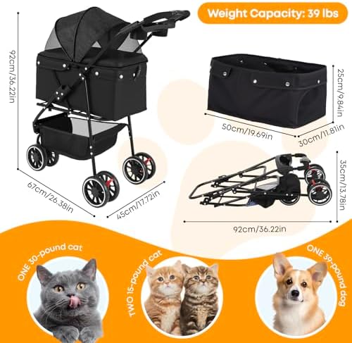 Pet Stroller,Dog Stroller for Small Medium Dogs Cats,3 Wheels,Black