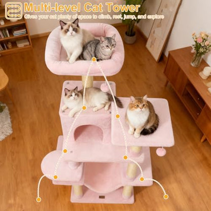 DORTALA Cat Tree for Indoor Cats, 58" Tall Cat Tower with Top Perch, Condo, Hammock, Sisal Scratching Posts, 3 Dangling Balls, Platforms, Multi-Level Pet Climbing Furniture Playground (Pink)