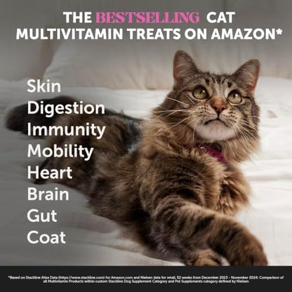 Cat Multivitamin Crunchy Creamy Chews - Daily Vitamins with Lysine, Prebiotics, Omega 3 Fish Oil - Cat Treats for Immune Support, Skin Coat, Digestion, Heart + Joint Health (180 Day Supply)