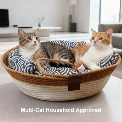 Instinct Basket,Stimulicat Cat Bed,Stimulicat Cat Bed Rope Cotton with Cushion,Eliminates Bed Rejection Round Pet Basket,Boho Catbed for Cats Handwoven Scratchable Breathable Weave (White, Large-A)