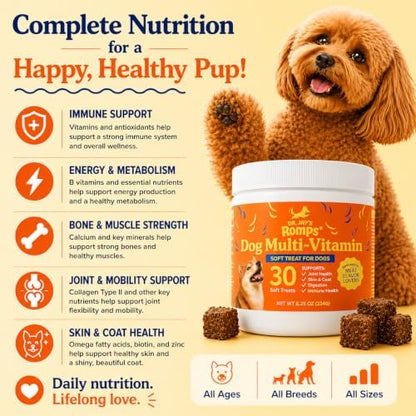 Dr Jay's Romps 10-in-1 Dog Multivitamin Soft Chews with Collagen, 30 Chews