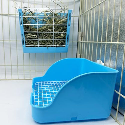 Rabbit Litter Box Bunny Potty Box Guinea Pig Hay Rack Feeder Rabbits Corner Litter Pan Potty Trainer Pet Toilet with Cleaning Set for Hamster, Guinea Pig, Ferret and Other Animals (Blue)