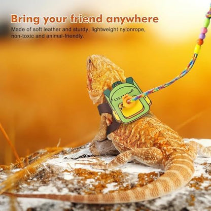 4 Pack Bearded Dragon Harness and Leash Set – Adjustable Soft Leather & Nylon Vest with 6.89–62 Inch Lead, Escape-Proof Lizard Walking Harness for Reptiles, Squirrels & Small Pets (Green Bag)