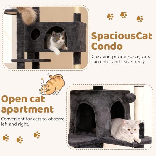 BestOffice 62 Inch Cat Tree, Multi-Level Cat Tower with Condo, Perches, Sisal Scratching Posts, Climbing Ladder,Indoor Activity Center Play House for Kittens & Adult Cats, Dark Gray