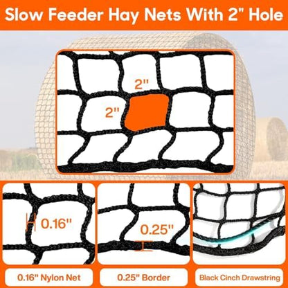 5 x 5 ft Round Bale Hay Net for Horses, with 20 Ropes Netting Comb Zip Tie