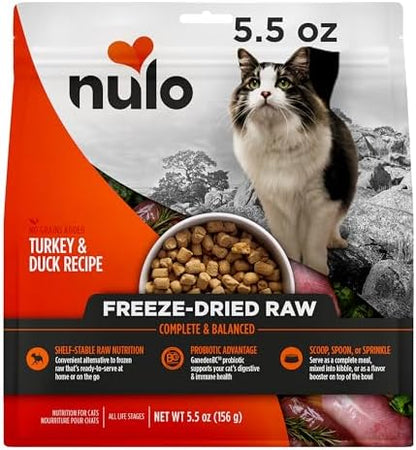 Nulo Freestyle Freeze-Dried Raw, Ultra-Rich Grain-Free Dry Cat Food for All Breeds and Life Stages with BC30 Probiotic for Digestive and Immune Health, Turkey & Duck, 5.5 Ounce