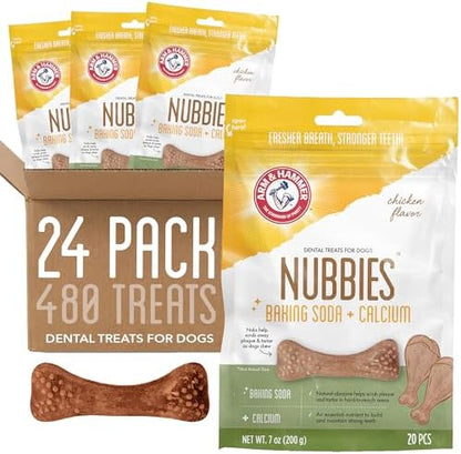 Arm & Hammer Nubbies Dental Treats, Chicken Flavor, 20 Count Bag, 24-Pack