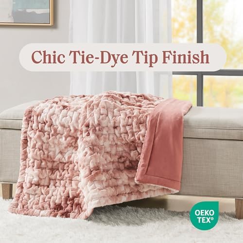 Madison Park Ruched Fur Throw Faux Fur Blanket, 50" x 60", Pink Tie Dye