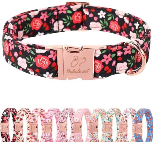Floral Dog Collar - Rose Red Wild Flowers Pattern Cute Puppy Collar, Adjustable Winter Holiday Metal Buckle Dog Collars for Small Medium Large Dogs L
