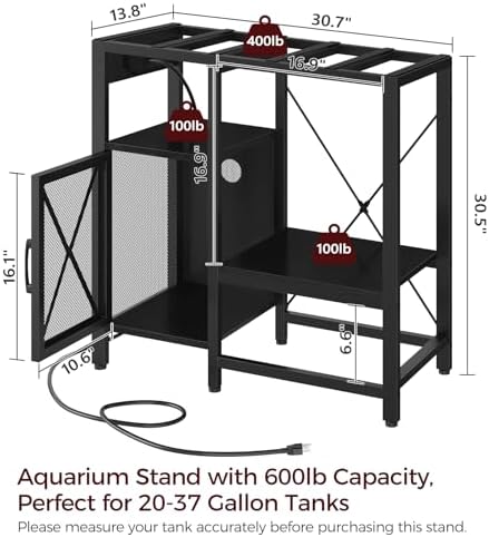 MAHANCRIS 20-37 Gallon Fish Tank Stand, Aquarium Stand with Power Outlet and Storage Cabinet, Heavy Duty Tank Stand Suitable for Turtle Tank, Reptile Terrarium, for Home Office, Black FTHB40E01