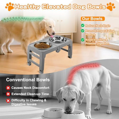 Elevated Dog Bowls for Large Dogs 5 Adjustable Heights 7.5"-15.4", 2 X-Large 10” Stainless Steel Bowls, Heavy Duty Raised Dog Bowl Stand Foldable Pet Feeder for Dogs Shoulder Height Over 15”, Grey