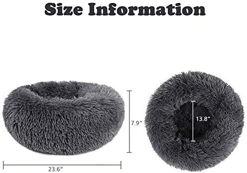 otoez Round Donut Dog Bed for Small Dogs, Washable Cat Calming Bed Cuddler Anti Anxiety Fluffy Plush Dog Cat Bed with Non-Slip Waterproof Bottom (23.6", Dark Grey)