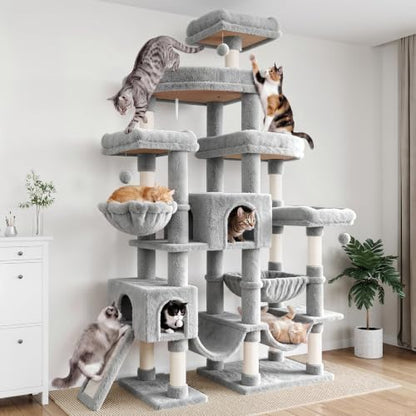 SHA CERLIN 83 in Cat Tree Tower for Indoor Adult Felines 20lbs+/Multi-Level Heavy Duty Cat Tower for Big Maine Coon/Giant Perches/Wide Baseboard/Sisal Scratching Posts/Cozy Condos/Light Grey