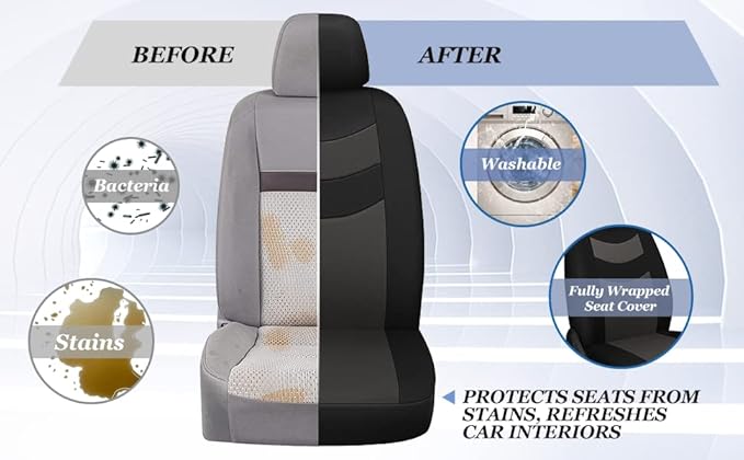 Universal Car Seat Covers for Front Seats, Cloth Front Car Seat Cover, Easy to Install, Breathable and Washable Universal Interior Covers for Auto, SUV, Sedan, Van, Airbag Compatible, Black & Charcoal