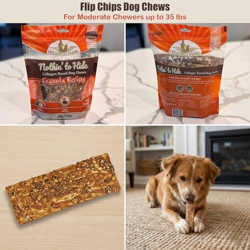 Fieldcrest Farms Nothin to Hide Flip Chips Dog Chews - Natural Rawhide Alternative Treats for Dogs, Collagen Based Snack for Moderate Chewers Up to 35lbs, Granola Flavor