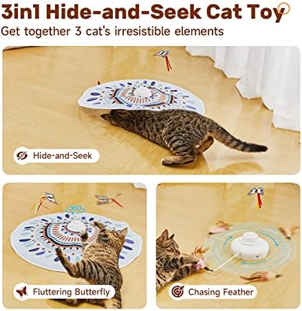 Potaroma Cat Toys Chargeable, 3in1 Hide and Seek for Kittens, Interactive Automatic Play, Fluttering Butterfly, Moving Wand Feather, Indoor Kitty Exercise 22.8 Inch Cover for All Breeds