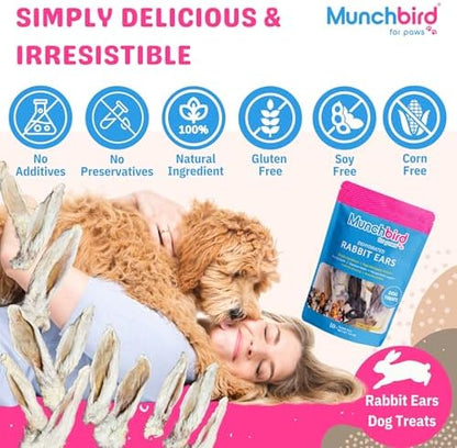 Munchbird Dehydrated Rabbit Ears for Dogs, Bulk, 35-45 Pieces, 10.5 oz, Natural Fiber