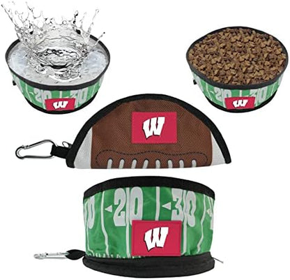 Pets First NCAA Wisconsin Badgers Collapsible Dog Travel Bowl, Food and Water Bowl for Dogs & Cats. Lightweight Leak-Proof Pet Bowl for Travel with Football Field & Pebble-Grain Design