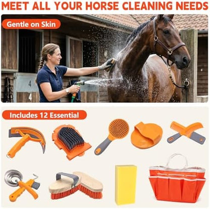 Horse Grooming Kit, 12-Piece Horse Brush Set with Storage Tote, Orange