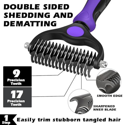 Professional 3PCS Self Cleaning Slicker Brush & Pet Grooming Rake & Flea Comb for Dogs,Cats and Horses | Double-Sided Dematting Comb & Skin Friendly Deshedding Grooming Tool | Pet Supplies (Purple)