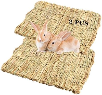 PINVNBY Natural Grass Mat for Rabbits,2 Pack Rabbit Hay Mats,100% Handwoven Hay Chewable Bedding & Cooling Mat for Bunny Guinea Pigs Hamsters Chinchillas - Eco-Friendly Cage Liner,Nesting Toy
