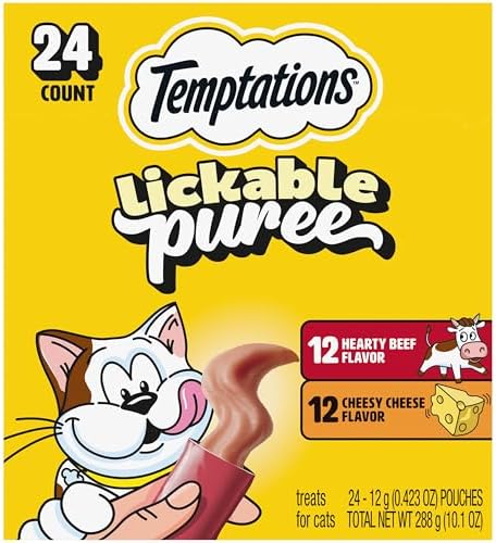 Temptations Creamy Puree Lickable Cat Treats, Beef Liver & Cheese, 24 Count