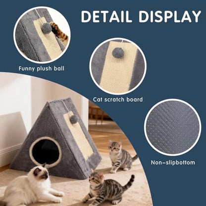 Cat Beds for Indoor - 2 in 1 Cat Cave House Tent for Kittens and Small Pets with Fluffy Ball Hanging and Scratch Pad,Foldable Kitten Hideaway with Non-Slip Bottom, Grey, 17 inches