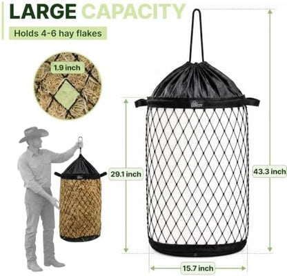 Slow Feed Hay Bag for Horses, Heavy Duty Hay Net for Horses Goats Sheep Donkey, Rigid Quick Fill Collar, 1.7 in Mesh, Waterproof 1000D Armor Bottom, Drain Holes, Stainless Steel Carabiner