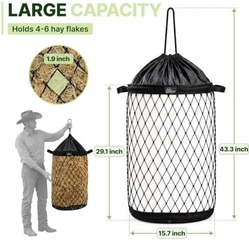 Slow Feed Hay Bag for Horses, Heavy Duty Hay Net for Horses Goats Sheep Donkey, Rigid Quick Fill Collar, 1.7 in Mesh, Waterproof 1000D Armor Bottom, Drain Holes, Stainless Steel Carabiner