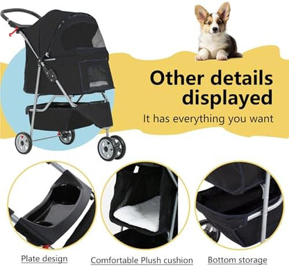 FDW Pet Stroller 3-Wheel Durable Foldable Cat Dog Stroller with Washable Liner Storage Basket Cup Holder,Dark Black
