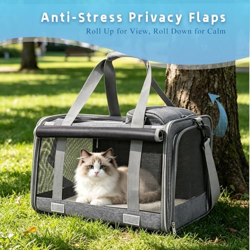 Pet Carrier for Medium-Small Cats, Collapsible Cat Carrier and Soft-Sided Pet Carrier for Cats and Small Dog Up to 17lbs, Stress-Free Travel with Privacy Cover, Travel Bag L18.9”X11.42”X11.42”