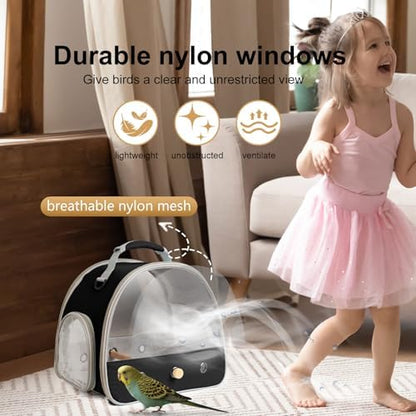 Bird Carrier, Portable Small Bird Parrot Parakeet Carrier with Standing Perch and Soft Mat, Side Access Window Collapsible (Black, Mesh Windows)