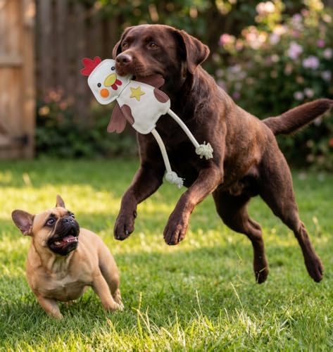 Fuzzl Eco Leather Charlie Chicken Natural and Tough Dog Toys - Long Lasting Chew Toys for Moderate Chewers - Strong Dog Toy for Dogs and Puppy with Natural Jute Filling and Double Stitching