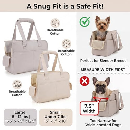 JourCraf Dog Purse Carrier for Small Dogs & Puppies Up 10 Lbs, Soft Cotton Tote Pet Shoulder Bag with Pockets, Foldable & Washable Breathable Puppy Carrier for Yorkie, Chihuahua & Cats - Beige