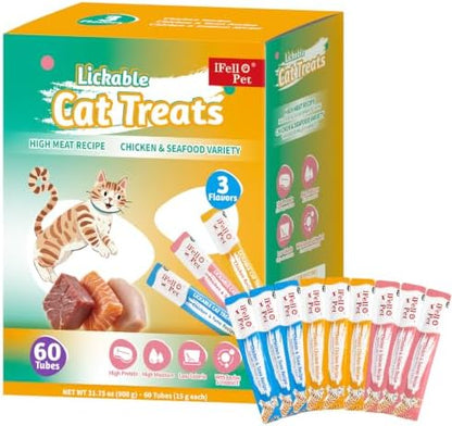 High-Meat Lickable Cat Treats Variety Pack – Real Chicken & Seafood – Smooth Creamy Purée – Grain-Free – (15g Each) (Chicken Mix 60 Tubes)