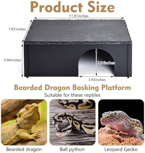 Black Acrylic Bearded Dragon Basking Platform Snake Hide with Slate Rock