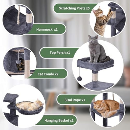 Cat Tree for Indoor Cats, 66 Inches Cat Tower with Scratching Post, Multi-Level Climbing Tree Cat House Padded Plush Perch, Cat Condo Activity Center with Pompoms, Kittens Pet Play House, Dark Gray