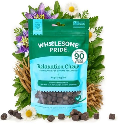 Wholesome Pride Calming Supplement for Dogs - 90 Soft Chews - Natural Anxiety Relief, Separation & Noise Stress Support with Herbal Ingredients, No Melatonin, Non-Drowsy